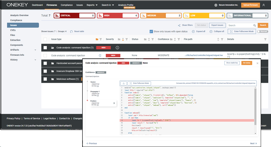 Issuesでは、脆弱性がIssueタイプ別に展開されており、 問題の性質・重大度・ONEKEYの調査結果に対する信頼度および技術的な詳細が表示されます